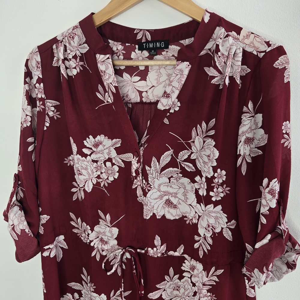 Timing Floral Burgundy Women's Long Tunic Top Size Medium - Picture 6 of 15